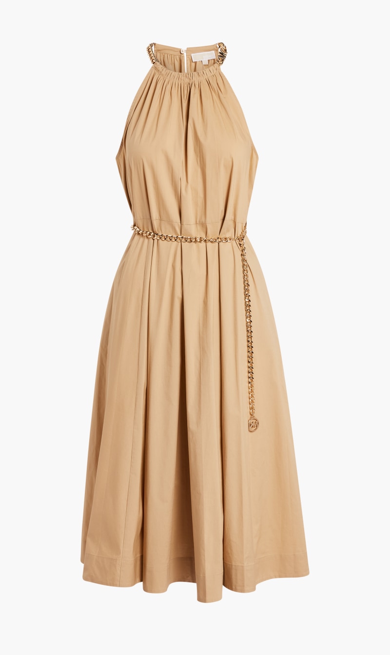 

Michael Kors Brown Chain Neck Organic Stretch Cotton Halter Dress for Women | The Deal Outlet