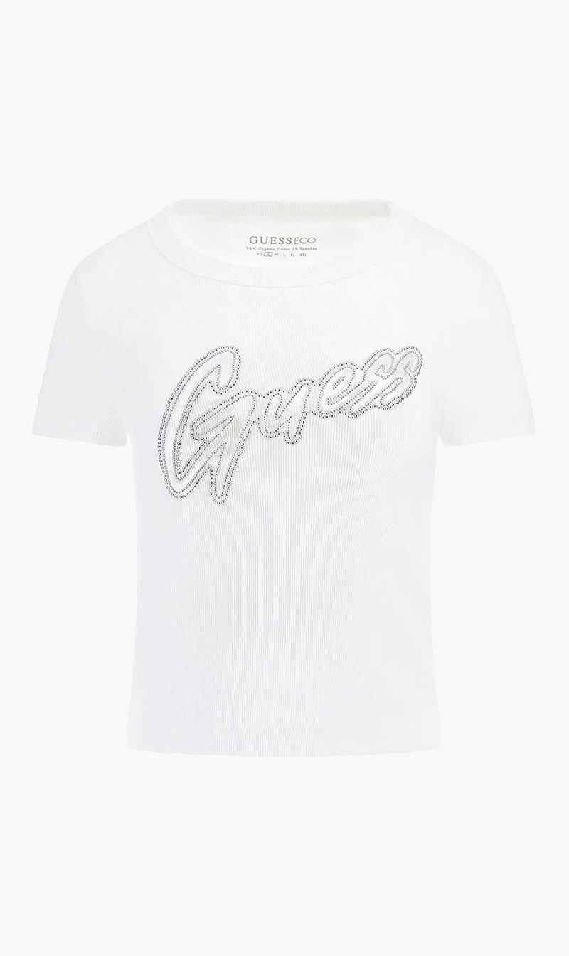 White Guess Pink Studded Logo T-shirt for Women