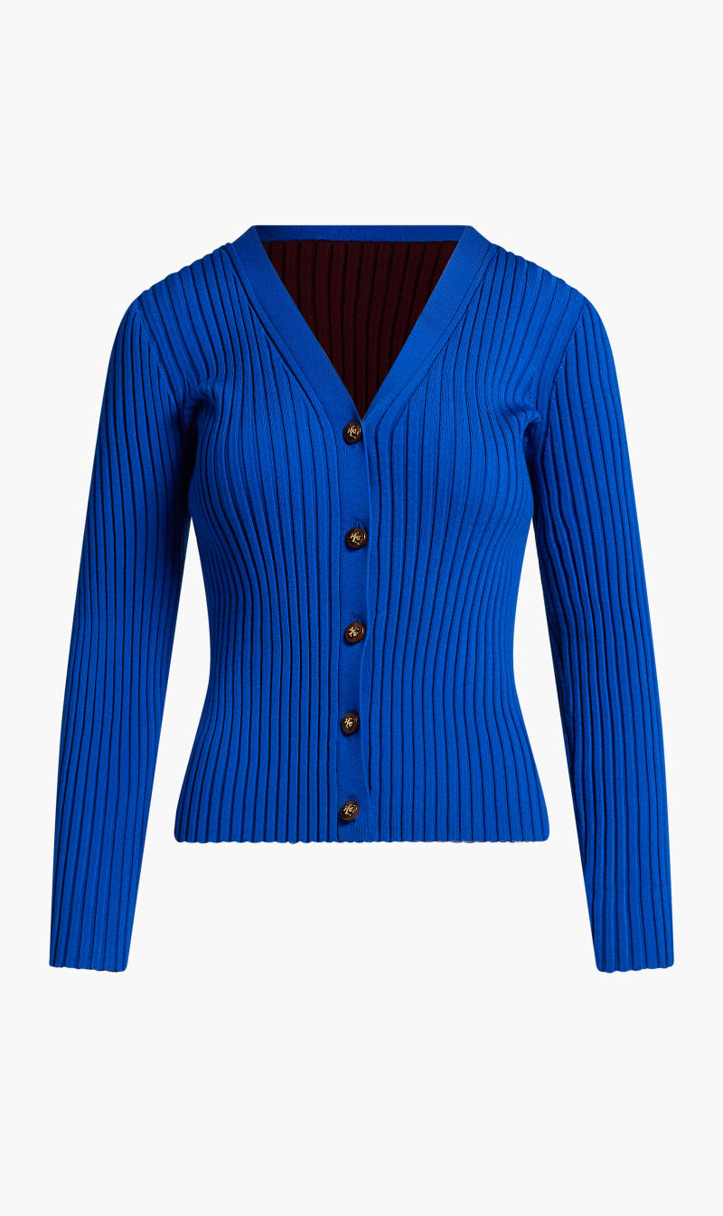 

Tory Burch Blue Colorblock Ribbed Cardigan for Women | The Deal Outlet