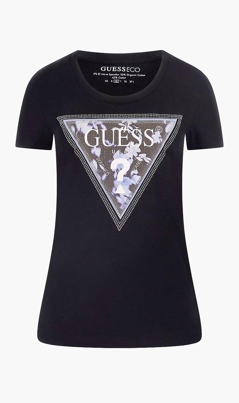 Black Guess White Triangle Logo T-shirt for Women
