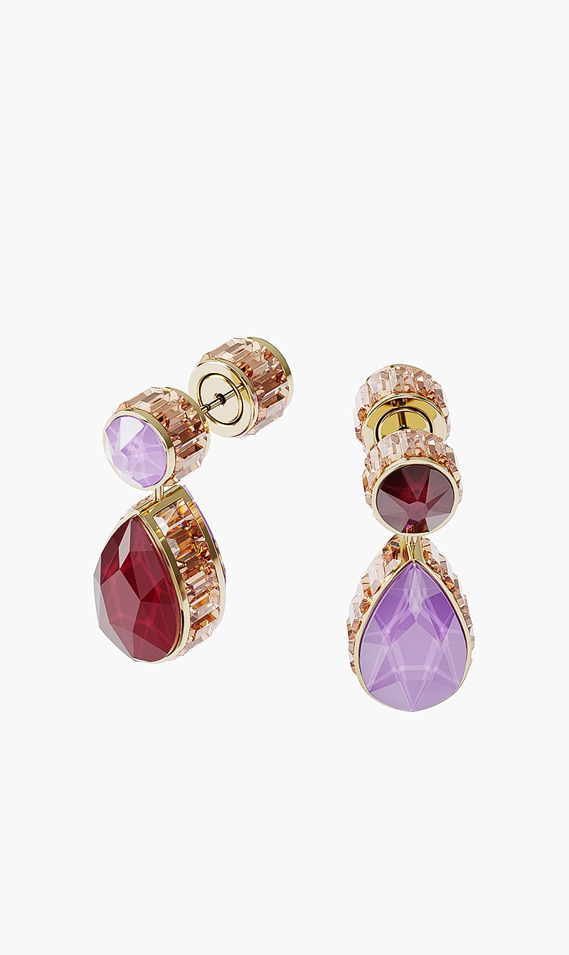 

Swarovski Orbita Earrings, Asymmetrical, Drop Cut Crystals, Multicolored, Gold-tone Plated