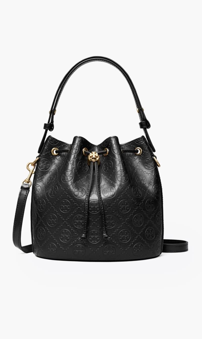 

Tory Burch Black T Monogram Leather Bucket Bag for Women | The Deal Outlet