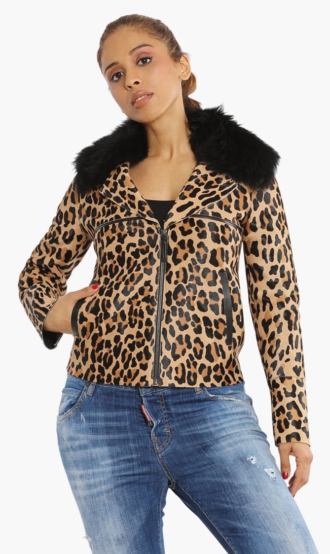 

Longchamp Leopard Print Fur Collar Jacket