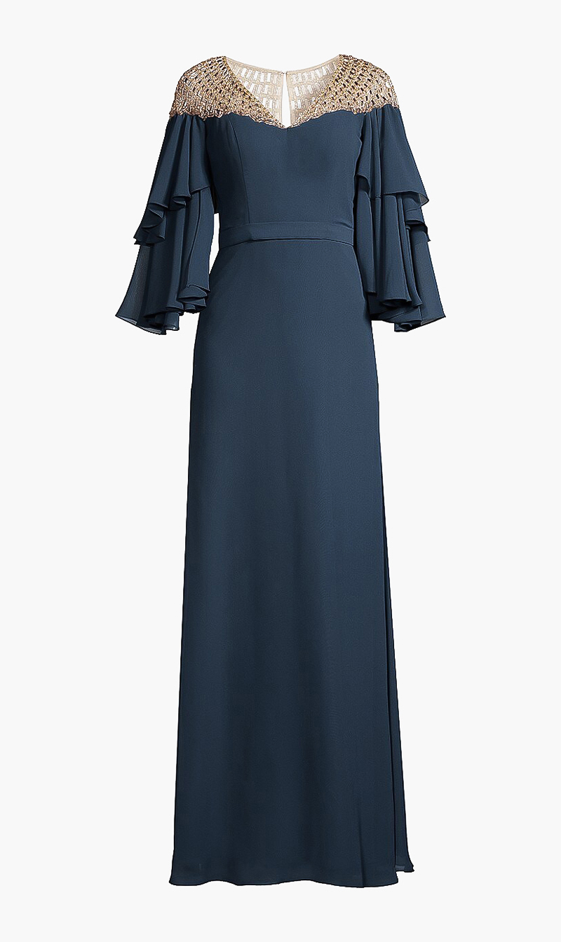 

Basix Black Label Blue Ruffle V Neck Gown for Women | The Deal Outlet
