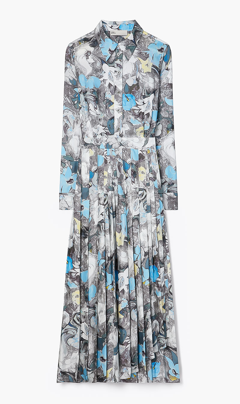 

Tory Burch Blue Printed Pleated Silk Twill Dress for Women | The Deal Outlet