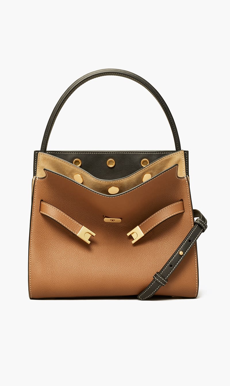 

Tory Burch Brown Lee Radziwill Pebbled Small Double Bag for Women | The Deal Outlet