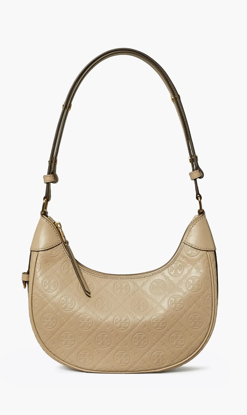 

Tory Burch Beige T Monogram Leather Crescent Bag for Women | The Deal Outlet
