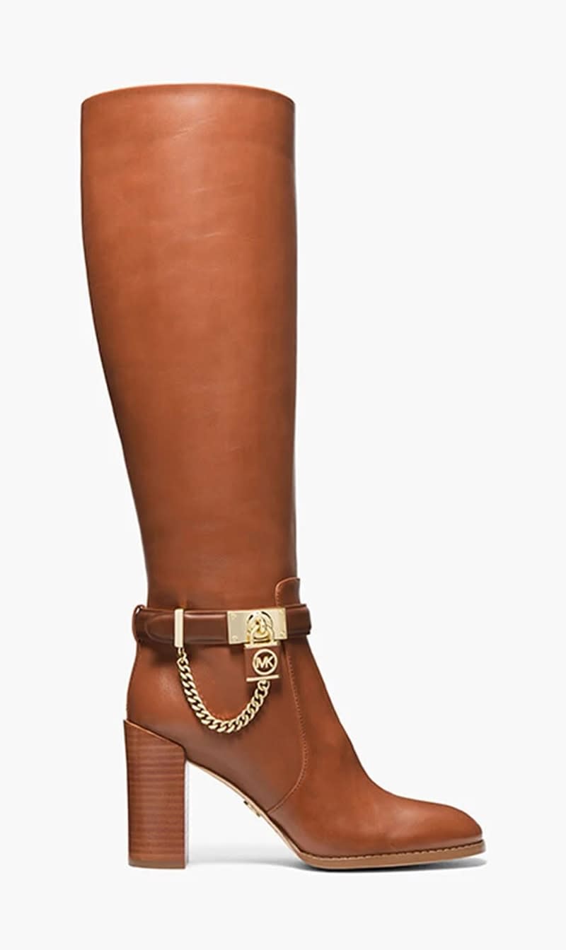 

Michael Kors Brown Hamilton Embellished Leather Boots for Women | The Deal Outlet