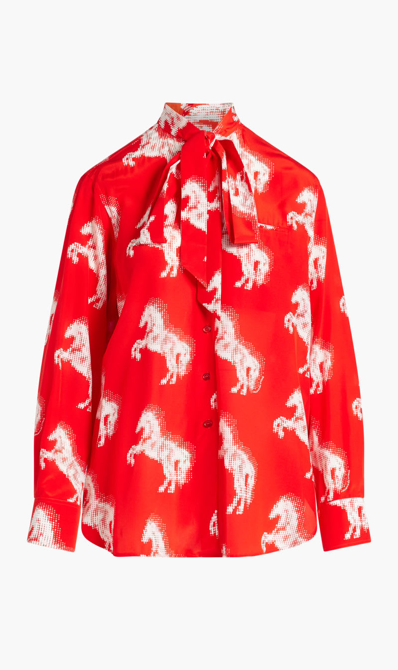 

Stella Mc Cartney Red Horse Print Bow Collar Silk Blouse for Women | The Deal Outlet