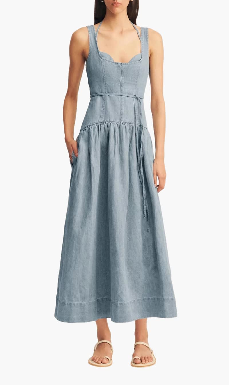 

Shona Joy Blue Bustier Gathered Midi Dress for Women | The Deal Outlet