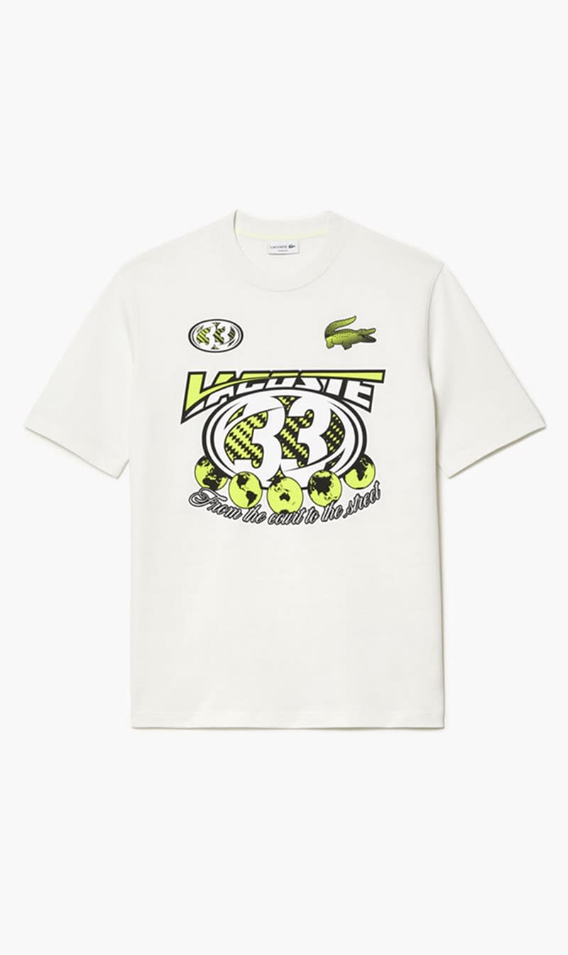 

Lacoste White Loose Fit Cotton Jersey Print T-shirt for Men | The Deal Outlet
