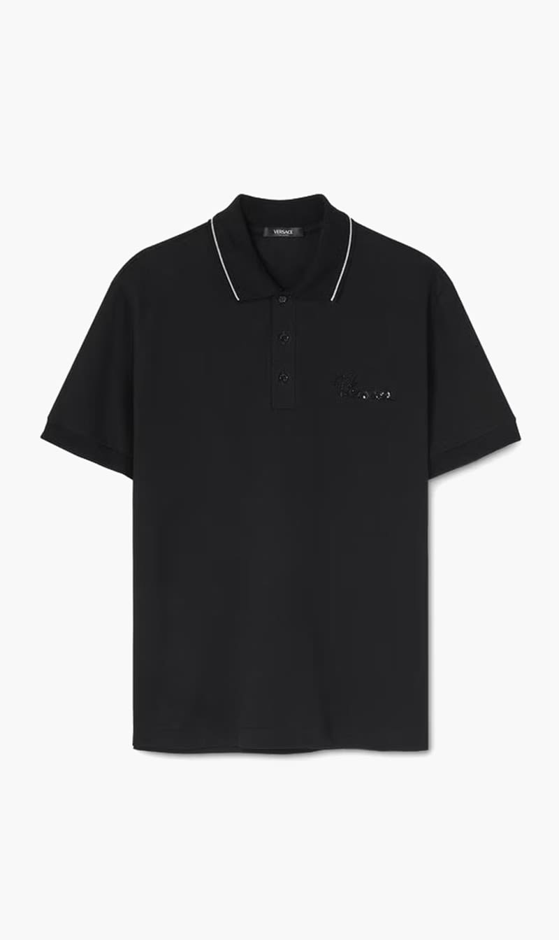 

Versace Black Polo Piquet Fabric + Versace Nautical Logo Embroidery for Men | The Deal Outlet