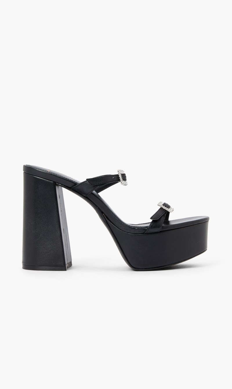 

Black Suede Studio Black Slip On Block Heel Almond Toe Platform Sandal for Women | The Deal Outlet