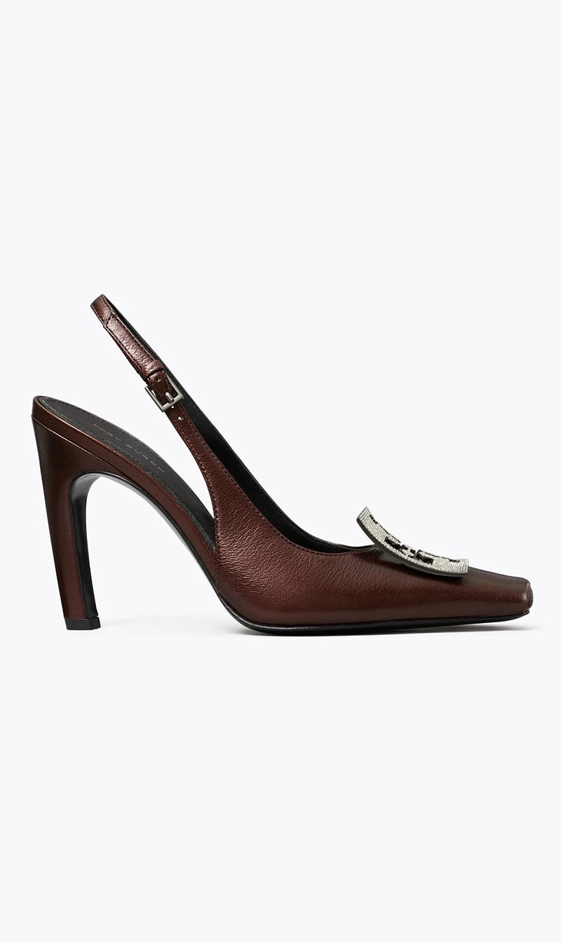 

Tory Burch Brown Pave Cut Out Logo Slingback Heel for Women | The Deal Outlet