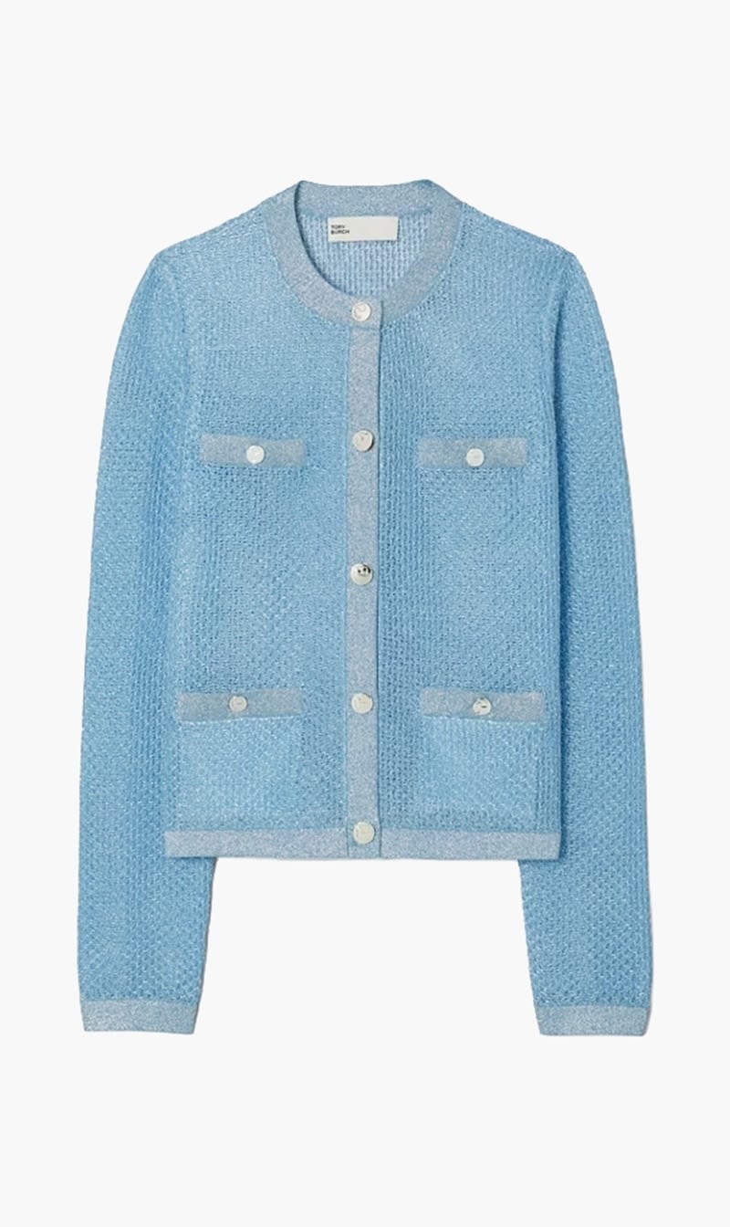 

Tory Burch Blue Kendra Mesh Cardigan for Women | The Deal Outlet