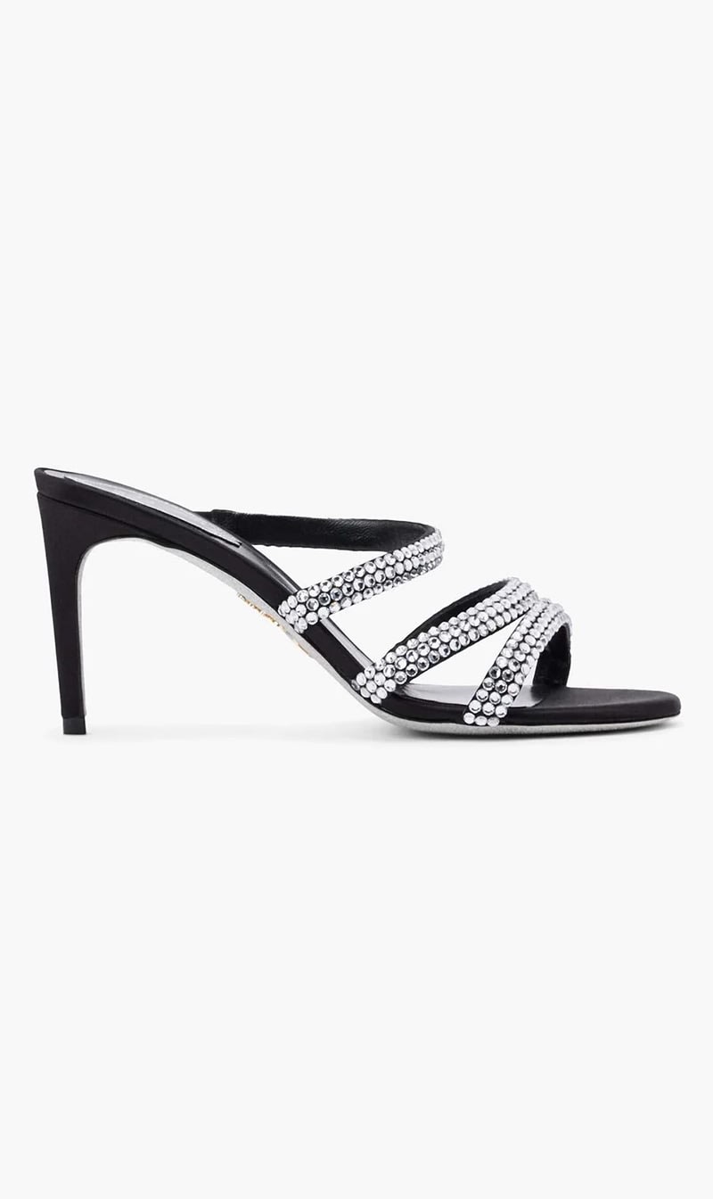 

Rene Caovilla Black Lisa 80 Rhinestone Embellished Sandals for Women | The Deal Outlet