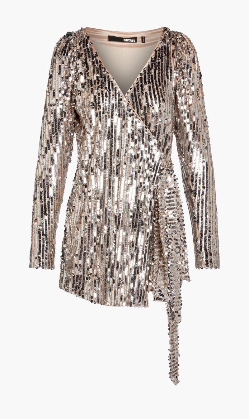 

Rotate Birger Christensen Silver Sequin Midi Wrap Dress for Women | The Deal Outlet
