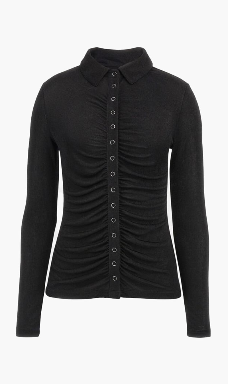 

Guess Black Long Sleeve Shirred Snap Milana Top for Women | The Deal Outlet