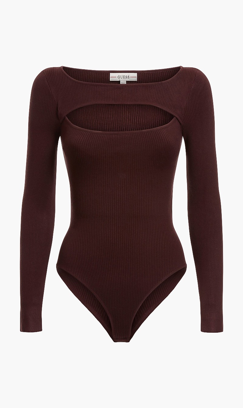 

Guess Brown Ribbed Cutout Bodysuit for Women | The Deal Outlet