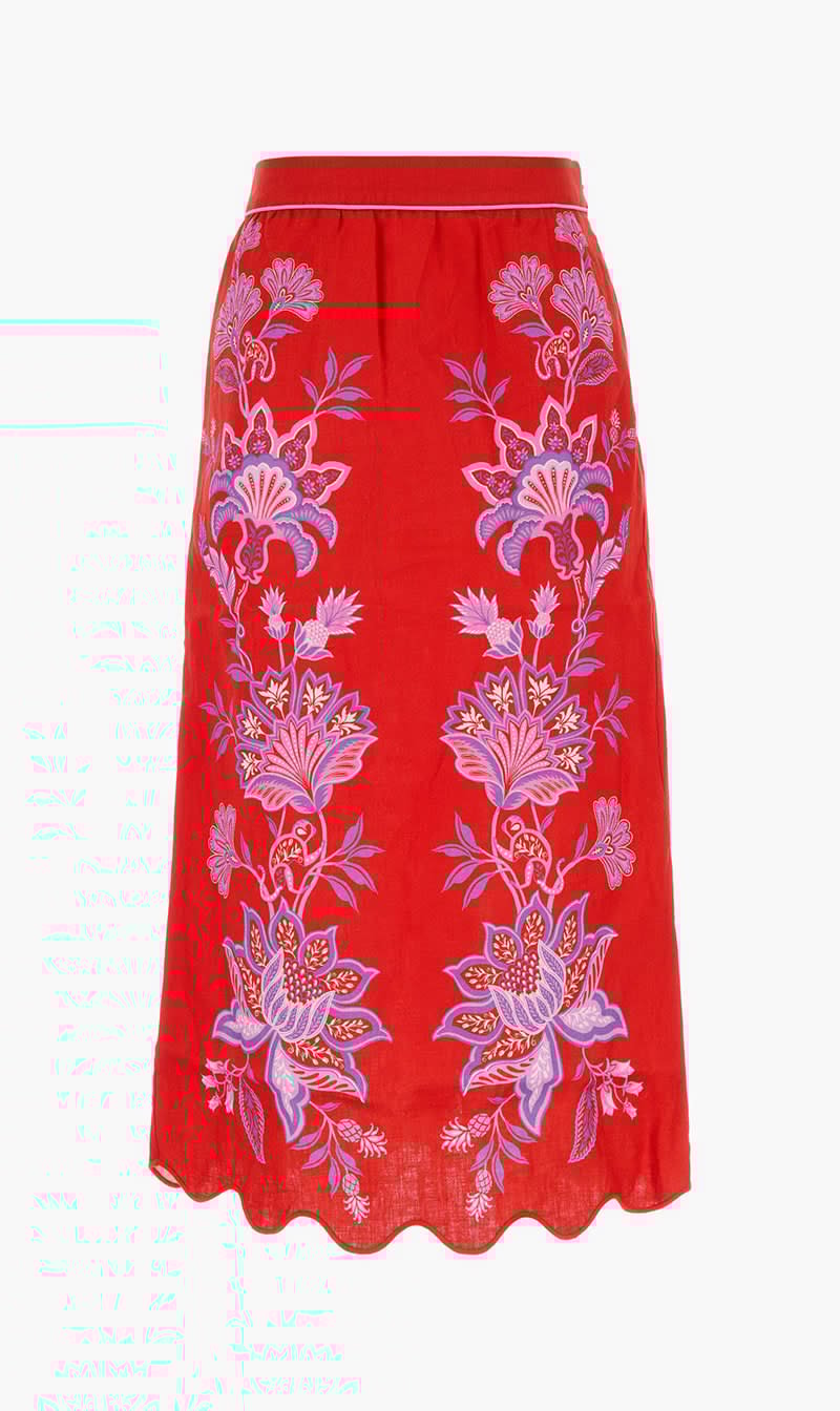 

Farm Rio Red Porcelain Garden Red Midi Skirt for Women | The Deal Outlet