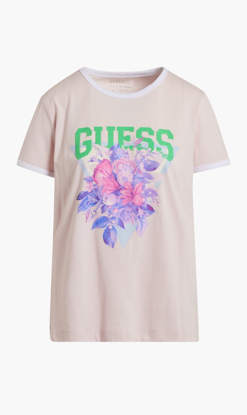 

Guess Pink Short Sleeve Cotton Triangle Bouquet T-shirt for Women | The Deal Outlet