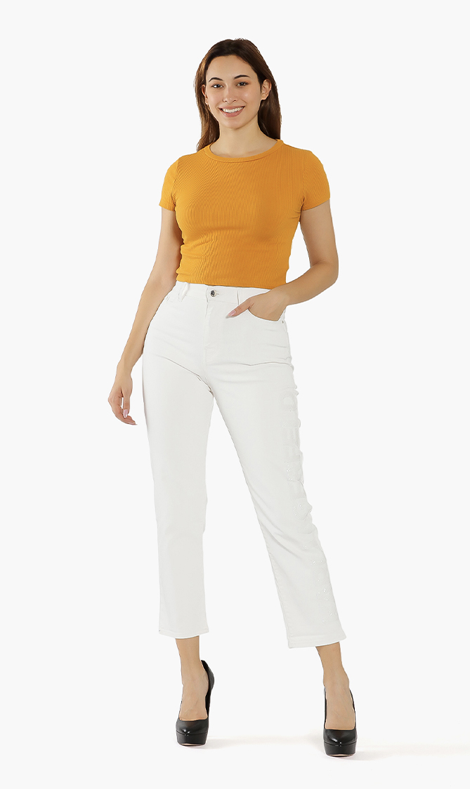 Sequined Logo Jeans, White
