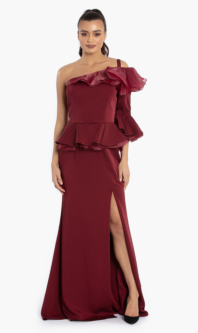 

Asymmetric Ruffles Sl Crepe Gown, Red