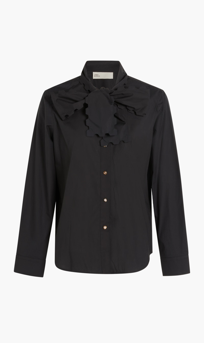 

Tory Burch Black Scalloped Poplin Bow Blouse for Women | The Deal Outlet