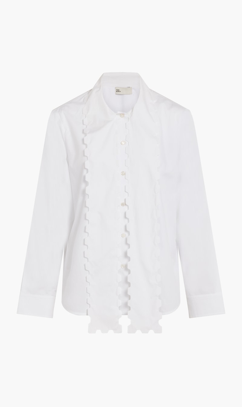 

Tory Burch White Scalloped Poplin Bow Blouse for Women | The Deal Outlet