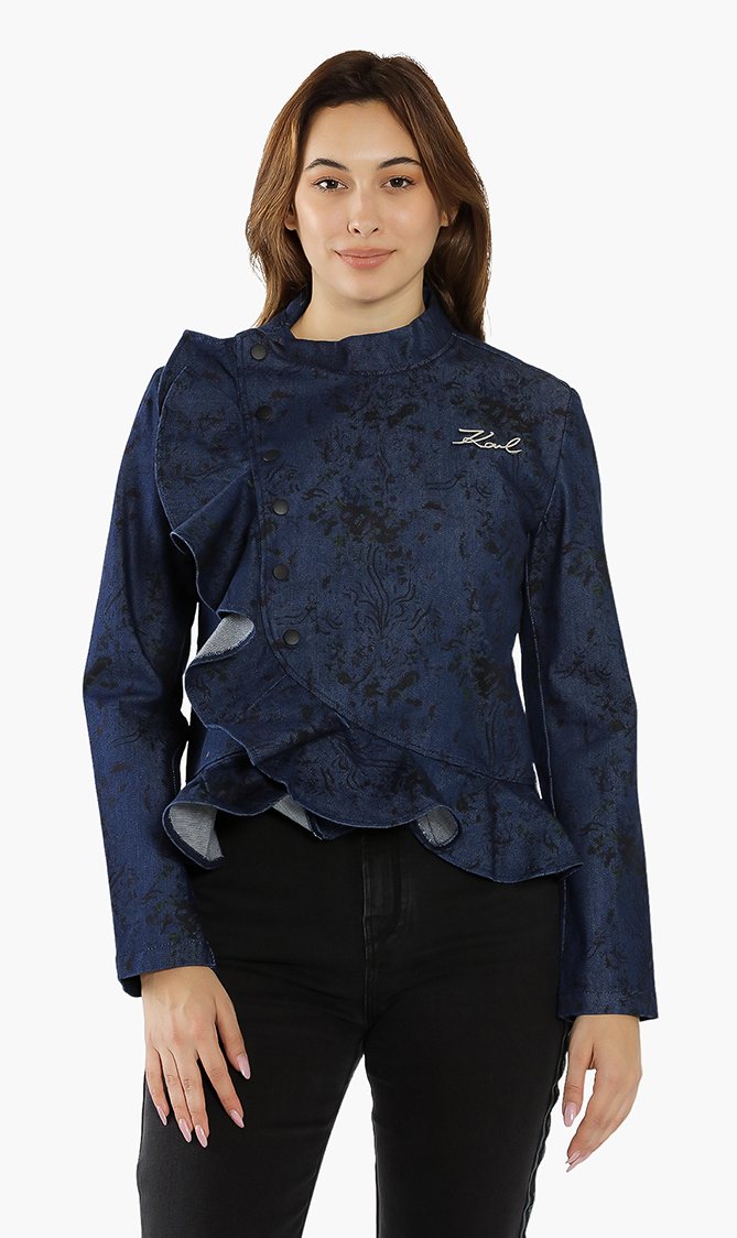 Karl Lagerfeld Printed Ruffled Denim Jacket