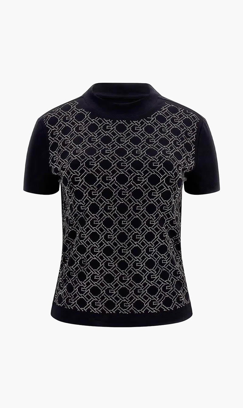 Guess Black Mock Neck All Over Logo T-shirt for Women