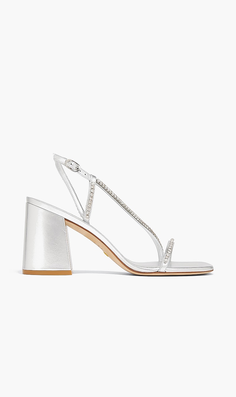 

Stuart Weitzman Silver Soiree Crystal 85 Block Sandal for Women | The Deal Outlet