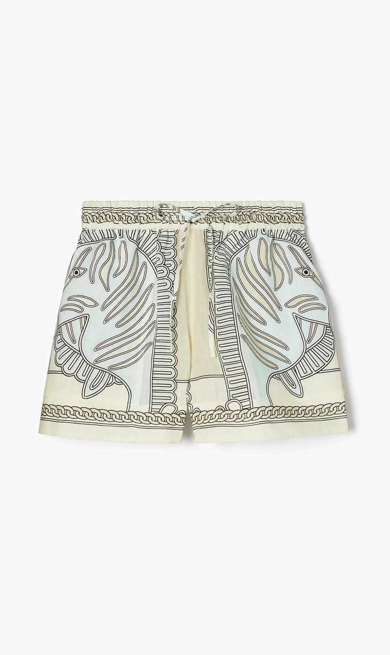

Tory Burch Blue Printed Linen Camp Short for Women | The Deal Outlet