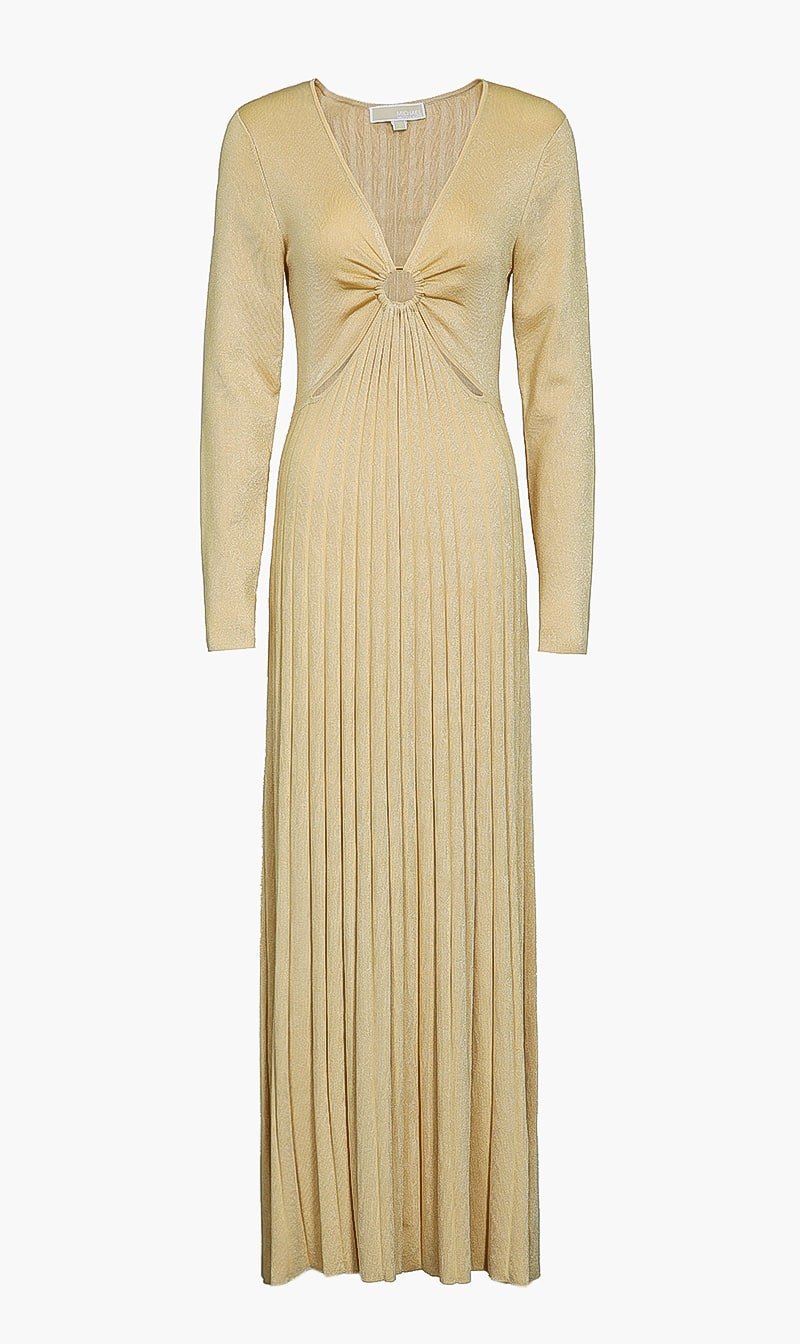 

Michael Kors Gold Metallic Stretch Knit Ring Maxi Dress for Women | The Deal Outlet