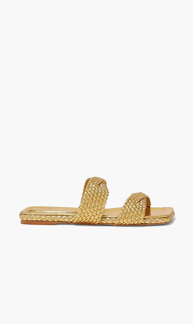 

Tresse Metallic Flat Sandals, Gold