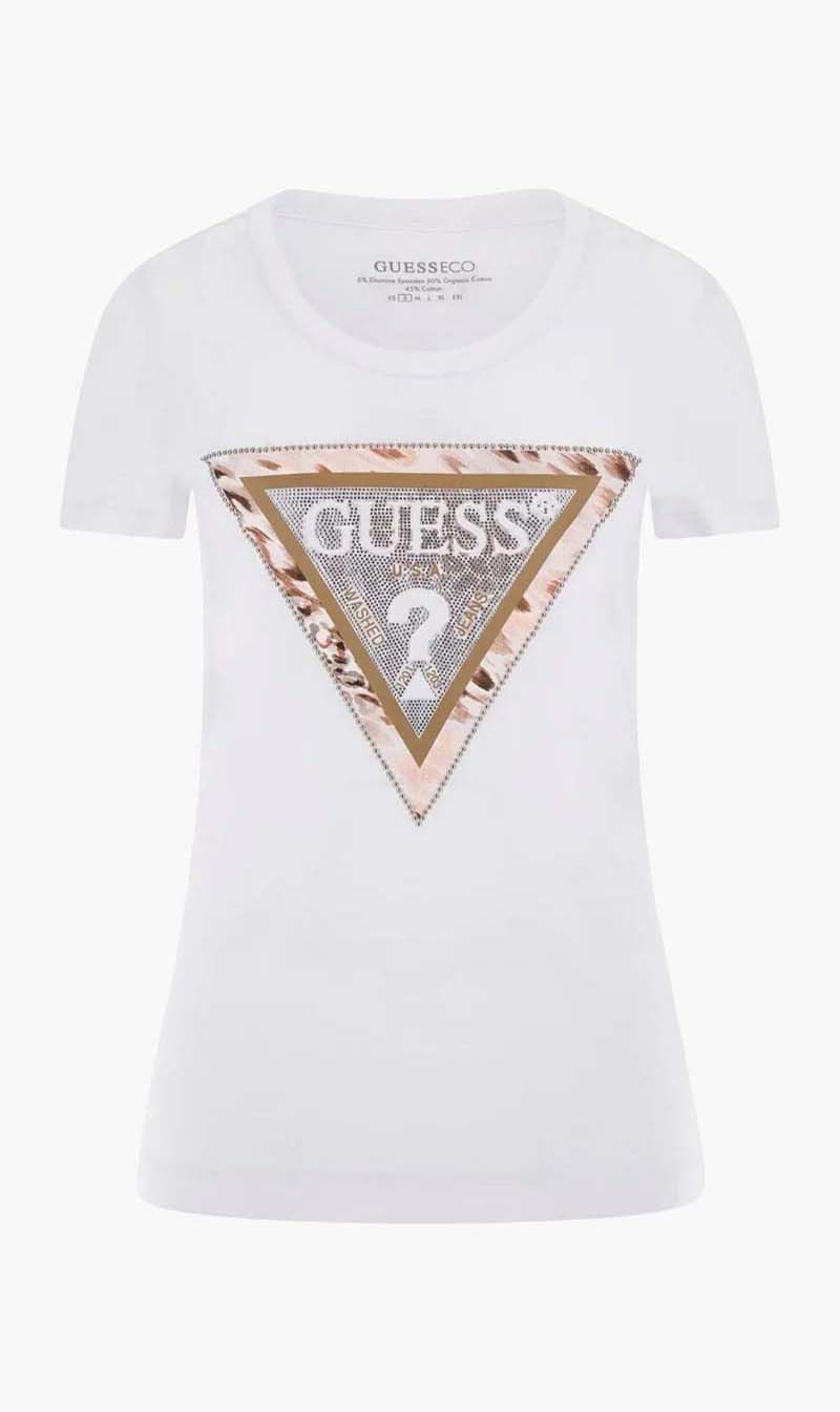 White Guess Brown Cheeta Logo Tee for Women