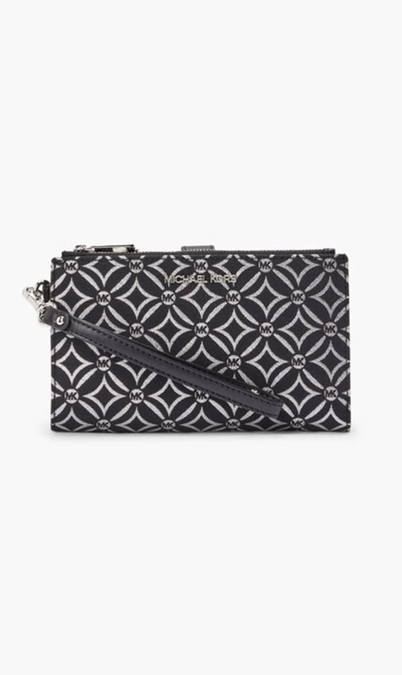 

Michael Kors Black Jet Set Metallic Logo Jacquard Wristlet for Women | The Deal Outlet