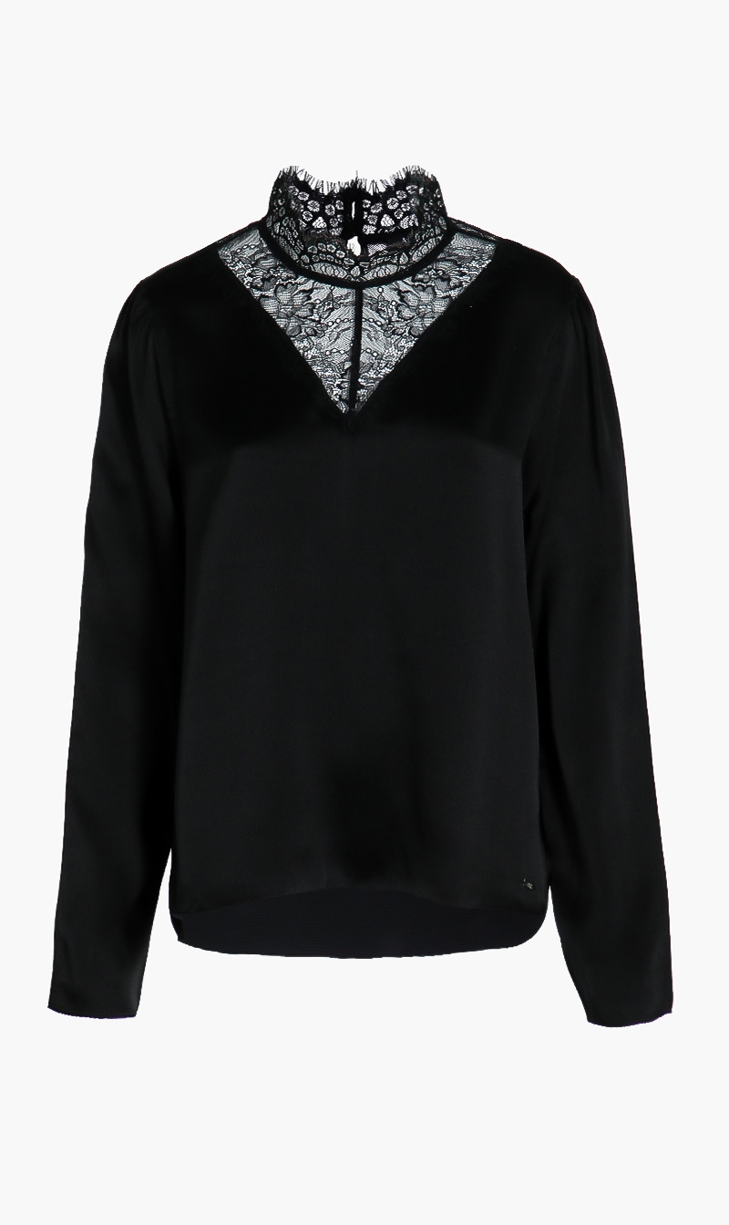 

Lace-paneled Silk Mock-neck Blouse