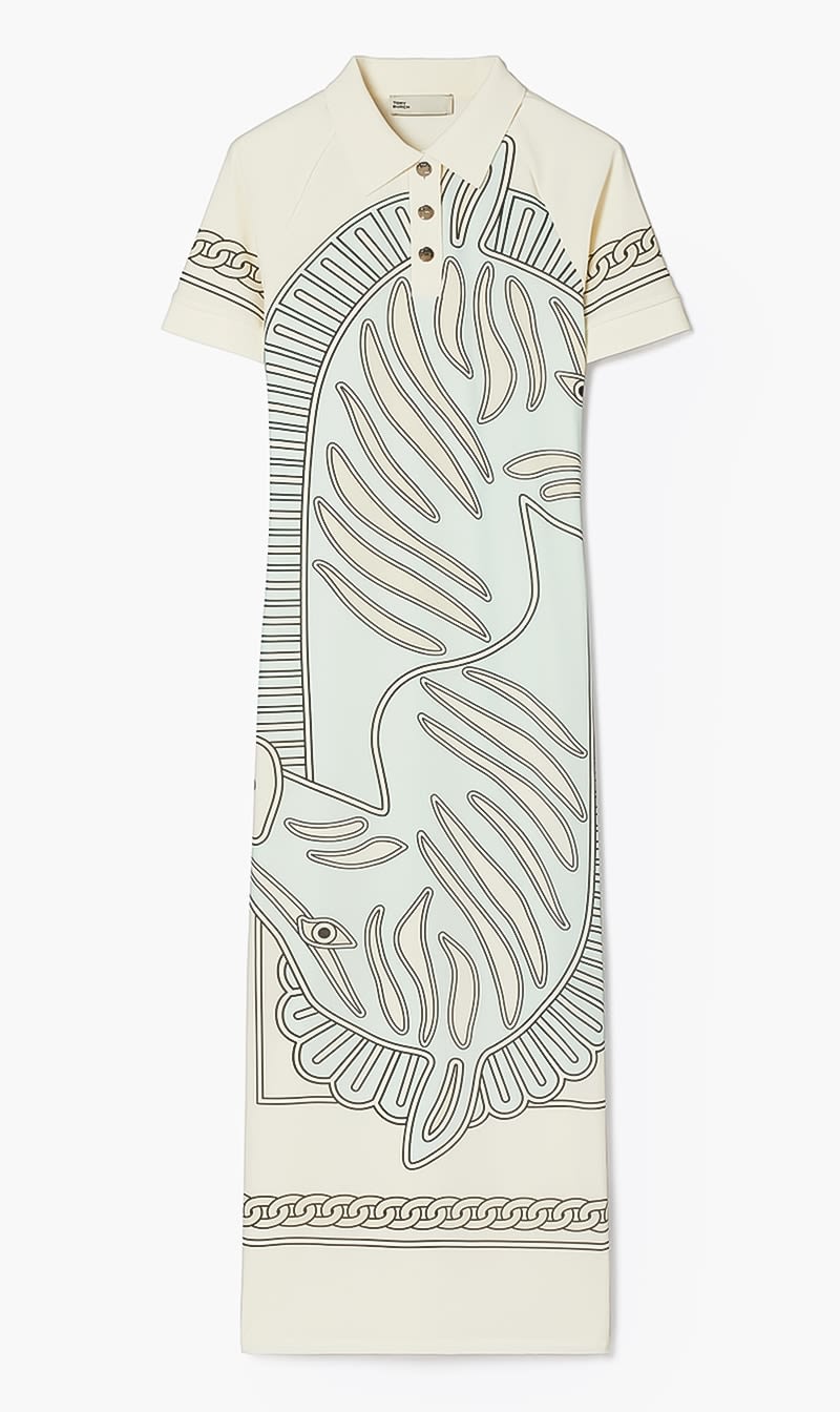 

Tory Burch Blue Printed Mesh Polo Dress for Women | The Deal Outlet