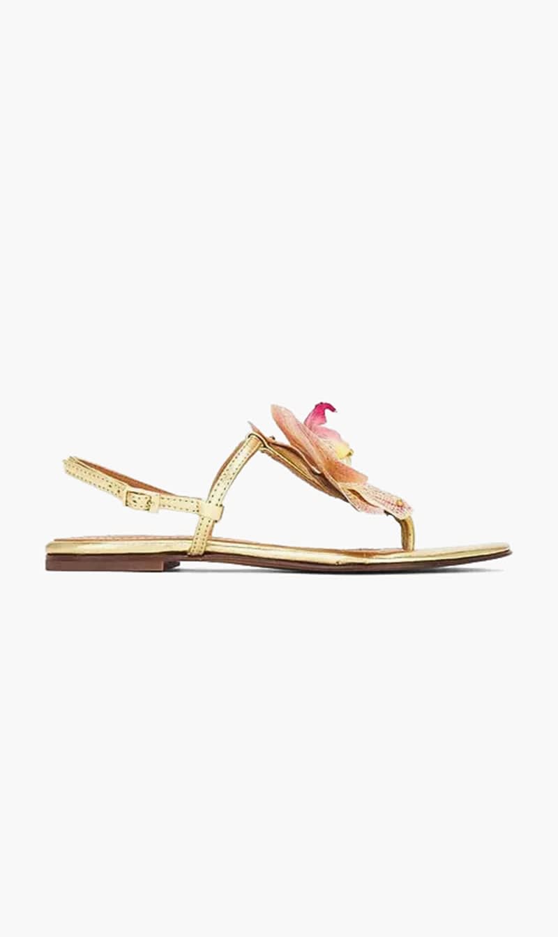 

Alameda Turquesa Gold Flower Gold Leather Sandals for Women | The Deal Outlet