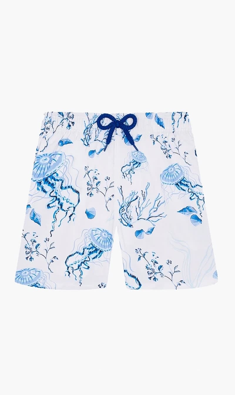 White Medusa And Shells Stretch Swim Shorts for Boys