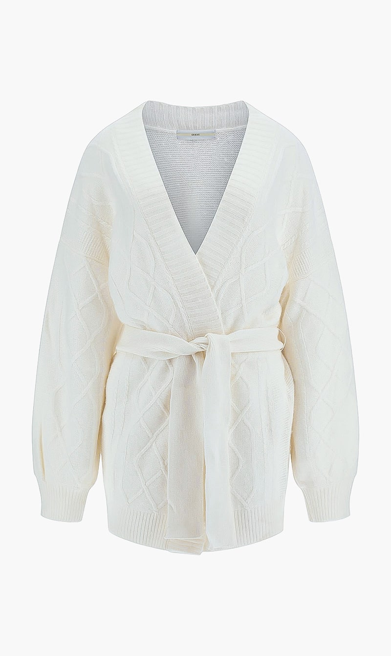 

Guess White Cable Knit Wool Blend Cardigan for Women | The Deal Outlet