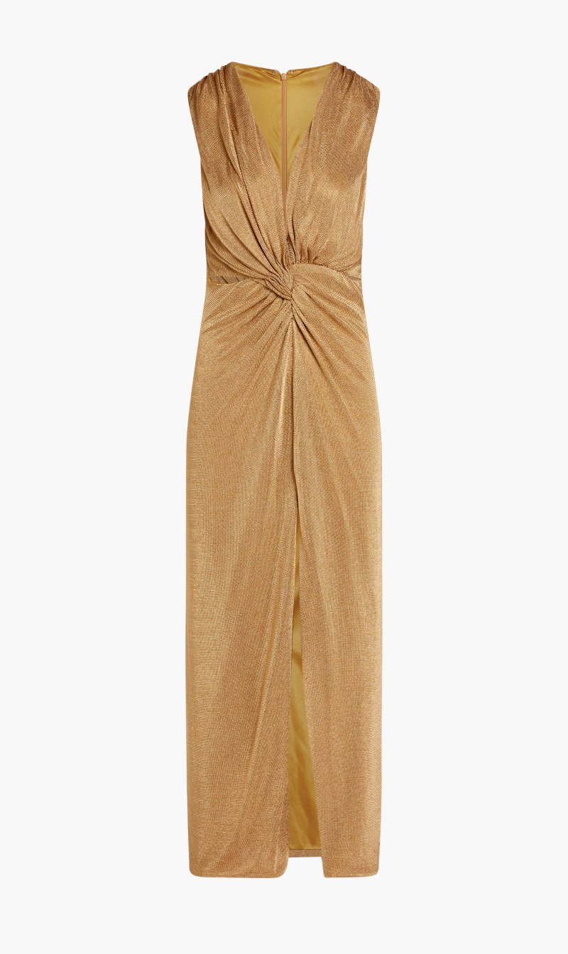 

Costarellos Gold Metallic Mesh Knot Dress for Women | The Deal Outlet