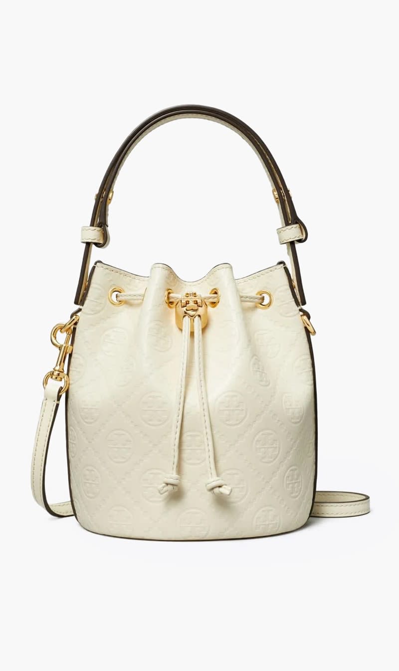 

Tory Burch White T Monogram Leather Mini Bucket Bag for Women | The Deal Outlet