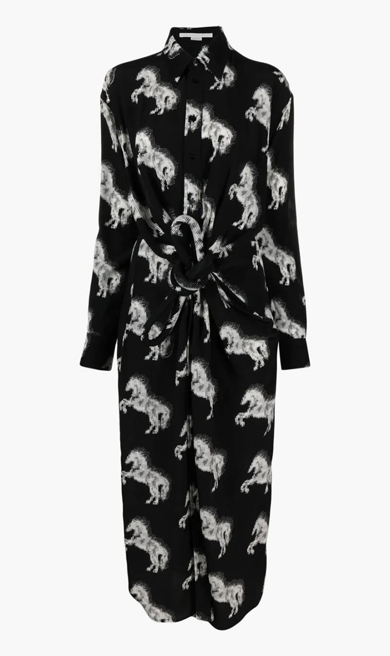 

Stella Mc Cartney Red Pixel Horses Bow Detailed Shirt Dress for Women | The Deal Outlet