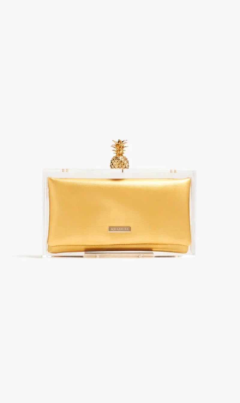 

Aquazzura Firenze Gold Mustique Clutch for Women | The Deal Outlet