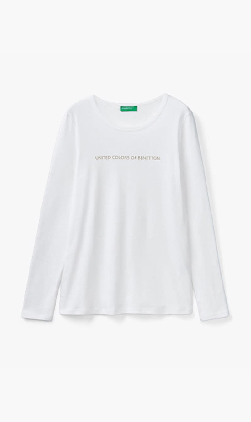 United Colors Of Benetton White Logo Long Sleeves T-shirt for Women