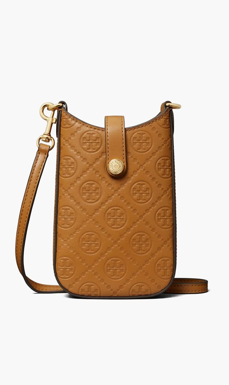 

Tory Burch Brown T Monogram Leather Phone Crossbody for Women | The Deal Outlet