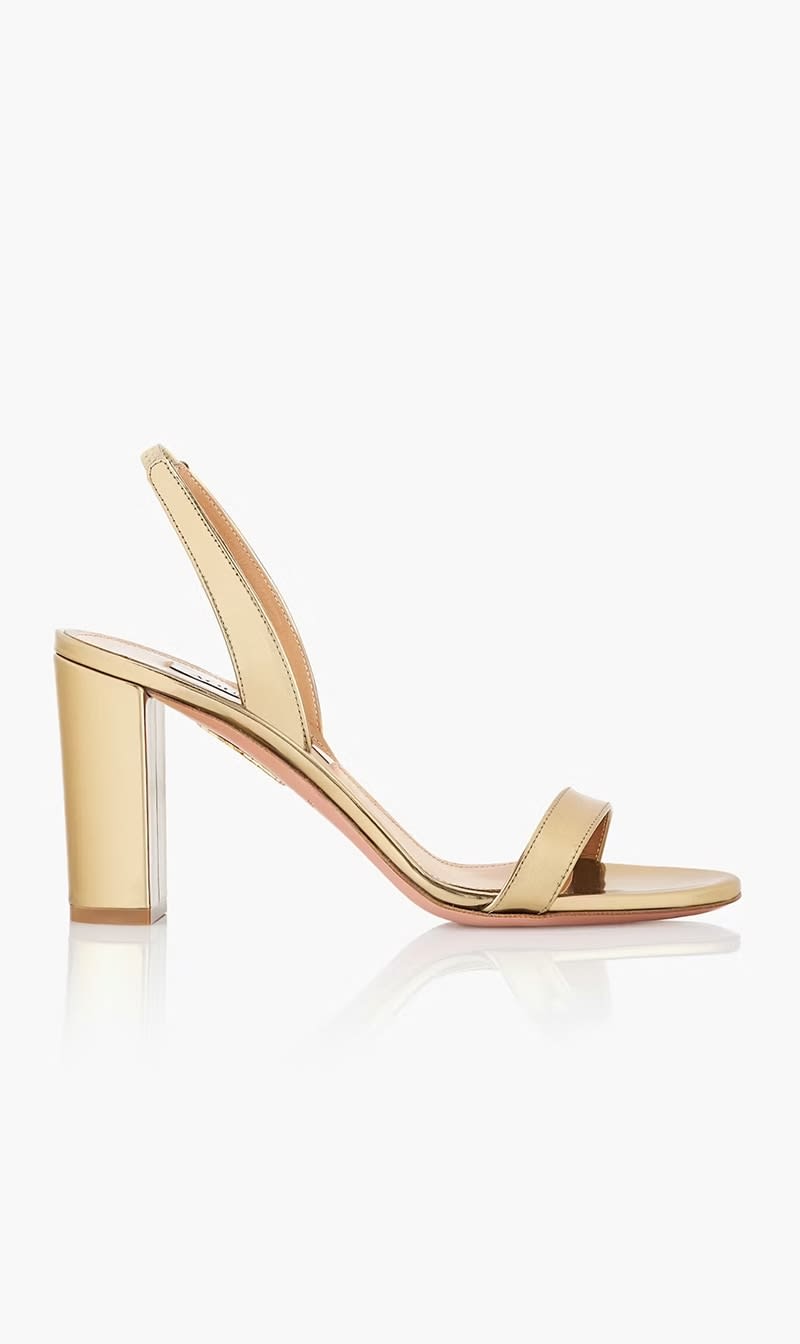 

Aquazzura Firenze Gold So Nude Block Sandal for Women | The Deal Outlet