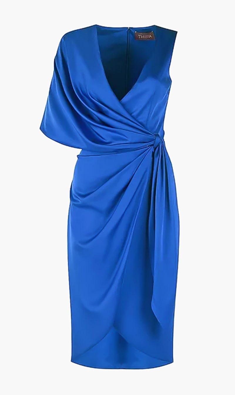 

Theia Blue Candace Wrap Cocktail Dress for Women | The Deal Outlet